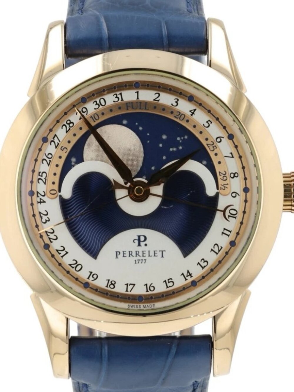 Perrelet Moon Phase Cream & Blue Dial 18k Yellow Gold 40mm Automatic Watch